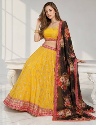 YELLOW BLACK THREAD EMBROIDERED GEORGETTE FESTIVAL LEHENGA CHOLI SET 4
