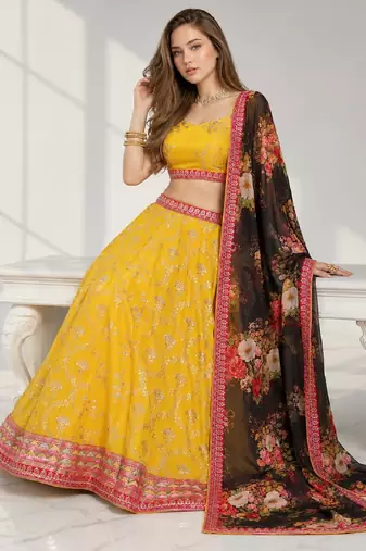 YELLOW BLACK THREAD EMBROIDERED GEORGETTE FESTIVAL LEHENGA CHOLI SET
