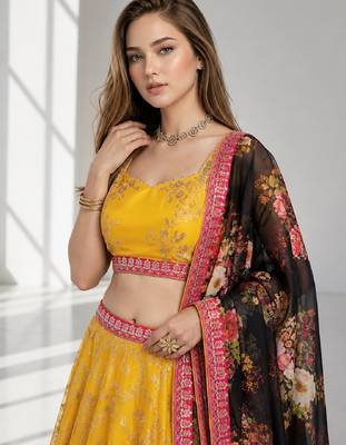 YELLOW BLACK THREAD EMBROIDERED GEORGETTE FESTIVAL LEHENGA CHOLI SET 5