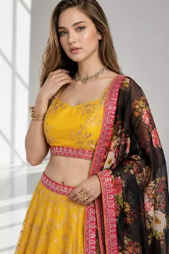 YELLOW BLACK THREAD EMBROIDERED GEORGETTE FESTIVAL LEHENGA CHOLI SET