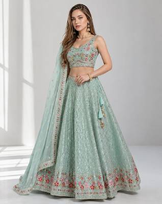 SKY BLUE THREAD EMBROIDERED GEORGETTE FESTIVAL LEHENGA CHOLI SET 1