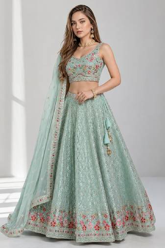 SKY BLUE THREAD EMBROIDERED GEORGETTE FESTIVAL LEHENGA CHOLI SET