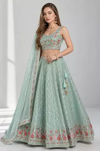 SKY BLUE THREAD EMBROIDERED GEORGETTE FESTIVAL LEHENGA CHOLI SET