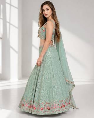 SKY BLUE THREAD EMBROIDERED GEORGETTE FESTIVAL LEHENGA CHOLI SET 3