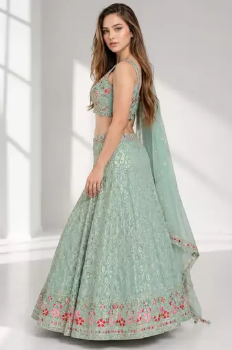 SKY BLUE THREAD EMBROIDERED GEORGETTE FESTIVAL LEHENGA CHOLI SET