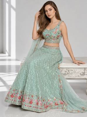SKY BLUE THREAD EMBROIDERED GEORGETTE FESTIVAL LEHENGA CHOLI SET 4