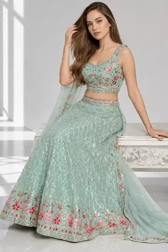 SKY BLUE THREAD EMBROIDERED GEORGETTE FESTIVAL LEHENGA CHOLI SET