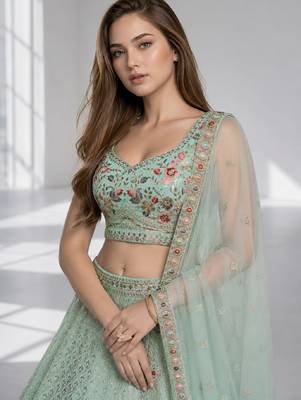 SKY BLUE THREAD EMBROIDERED GEORGETTE FESTIVAL LEHENGA CHOLI SET 5