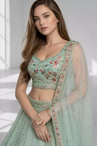 SKY BLUE THREAD EMBROIDERED GEORGETTE FESTIVAL LEHENGA CHOLI SET