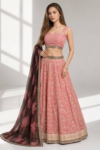 NAVY BLUE THREAD EMBROIDERED GEORGETTE FESTIVAL LEHENGA CHOLI SET