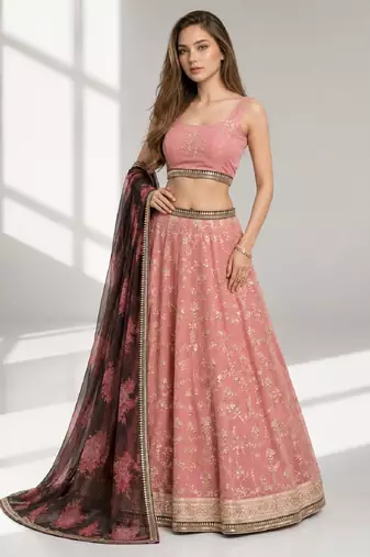 NAVY BLUE THREAD EMBROIDERED GEORGETTE FESTIVAL LEHENGA CHOLI SET
