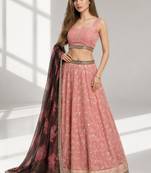 NAVY BLUE THREAD EMBROIDERED GEORGETTE FESTIVAL LEHENGA CHOLI SET