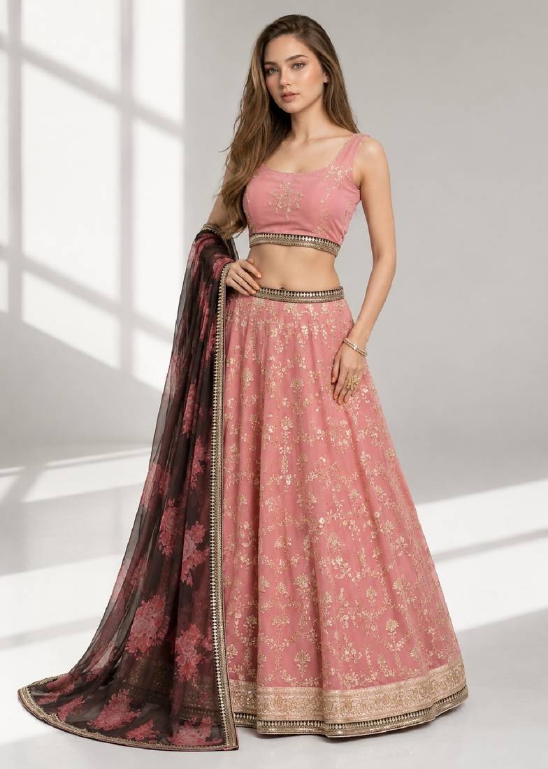 NAVY BLUE THREAD EMBROIDERED GEORGETTE FESTIVAL LEHENGA CHOLI SET
