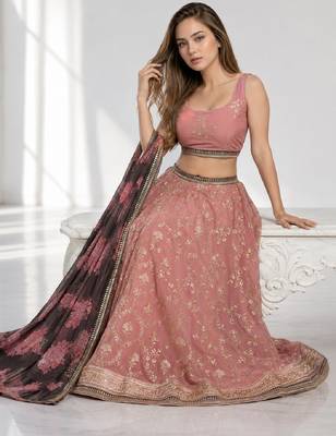 NAVY BLUE THREAD EMBROIDERED GEORGETTE FESTIVAL LEHENGA CHOLI SET 4
