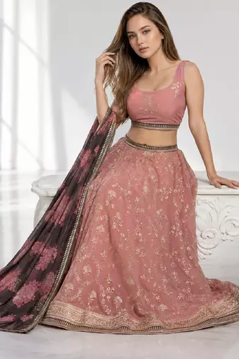 NAVY BLUE THREAD EMBROIDERED GEORGETTE FESTIVAL LEHENGA CHOLI SET