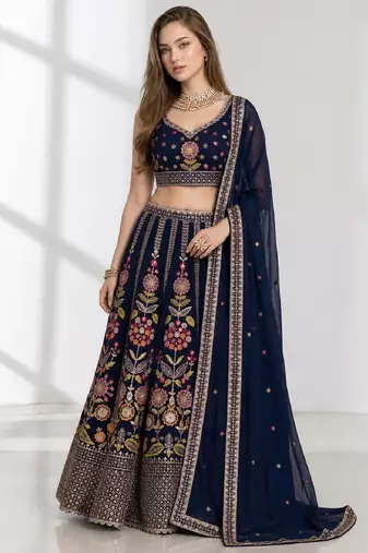 PINK BROWN THREAD EMBROIDERED GEORGETTE FESTIVAL LEHENGA CHOLI SET