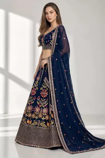 PINK BROWN THREAD EMBROIDERED GEORGETTE FESTIVAL LEHENGA CHOLI SET