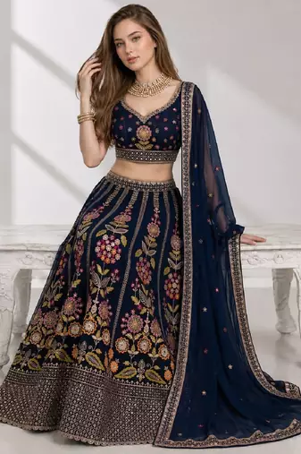 PINK BROWN THREAD EMBROIDERED GEORGETTE FESTIVAL LEHENGA CHOLI SET