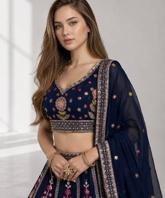PINK BROWN THREAD EMBROIDERED GEORGETTE FESTIVAL LEHENGA CHOLI SET 5