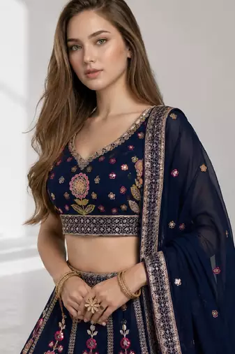 PINK BROWN THREAD EMBROIDERED GEORGETTE FESTIVAL LEHENGA CHOLI SET