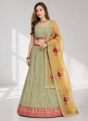 PISTA YELLOW THREAD EMBROIDERED GEORGETTE FESTIVAL LEHENGA CHOLI SET 1