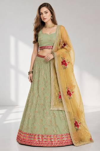 PISTA YELLOW THREAD EMBROIDERED GEORGETTE FESTIVAL LEHENGA CHOLI SET