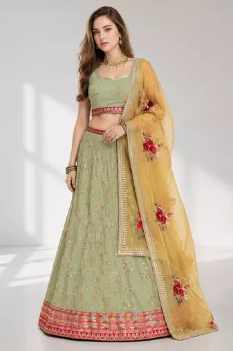 PISTA YELLOW THREAD EMBROIDERED GEORGETTE FESTIVAL LEHENGA CHOLI SET