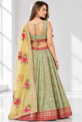 PISTA YELLOW THREAD EMBROIDERED GEORGETTE FESTIVAL LEHENGA CHOLI SET 2