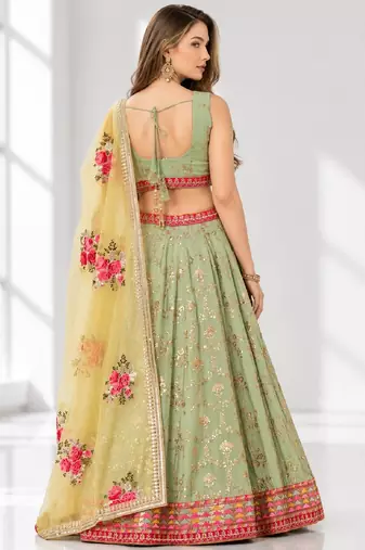 PISTA YELLOW THREAD EMBROIDERED GEORGETTE FESTIVAL LEHENGA CHOLI SET