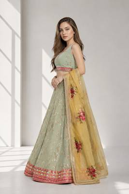 PISTA YELLOW THREAD EMBROIDERED GEORGETTE FESTIVAL LEHENGA CHOLI SET 3