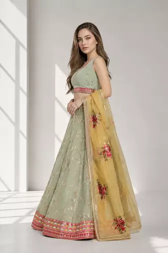 PISTA YELLOW THREAD EMBROIDERED GEORGETTE FESTIVAL LEHENGA CHOLI SET