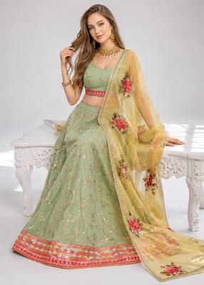 PISTA YELLOW THREAD EMBROIDERED GEORGETTE FESTIVAL LEHENGA CHOLI SET 4