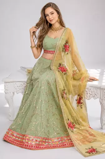 PISTA YELLOW THREAD EMBROIDERED GEORGETTE FESTIVAL LEHENGA CHOLI SET