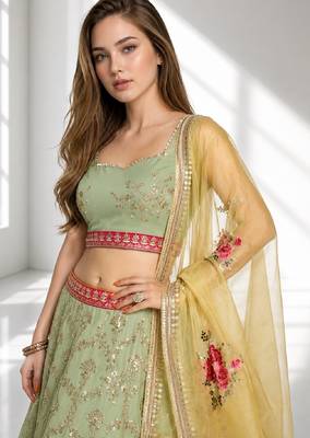 PISTA YELLOW THREAD EMBROIDERED GEORGETTE FESTIVAL LEHENGA CHOLI SET 5