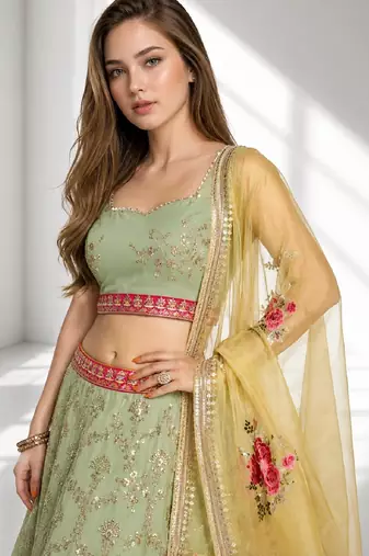 PISTA YELLOW THREAD EMBROIDERED GEORGETTE FESTIVAL LEHENGA CHOLI SET