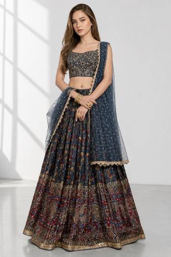 BLUE SEQUINS & EMBROIDERED CHINNON FESTIVAL LEHENGA CHOLI SET