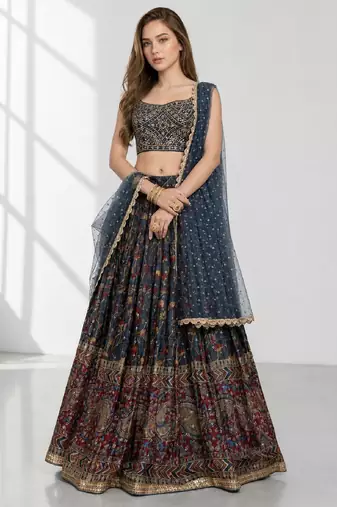 BLUE SEQUINS & EMBROIDERED CHINNON FESTIVAL LEHENGA CHOLI SET