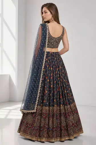 BLUE SEQUINS & EMBROIDERED CHINNON FESTIVAL LEHENGA CHOLI SET