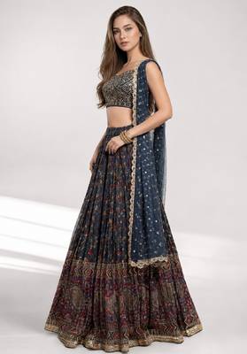 BLUE SEQUINS & EMBROIDERED CHINNON FESTIVAL LEHENGA CHOLI SET 3