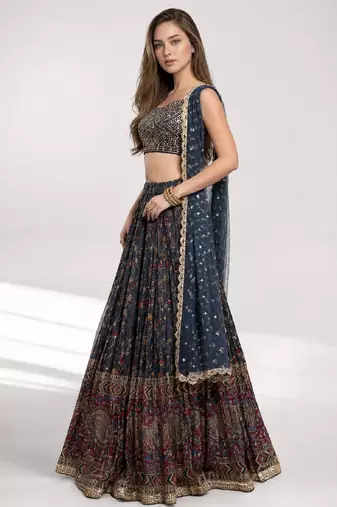 BLUE SEQUINS & EMBROIDERED CHINNON FESTIVAL LEHENGA CHOLI SET