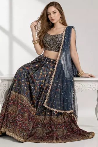 BLUE SEQUINS & EMBROIDERED CHINNON FESTIVAL LEHENGA CHOLI SET