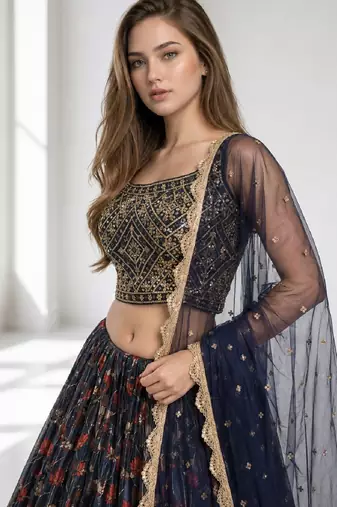 BLUE SEQUINS & EMBROIDERED CHINNON FESTIVAL LEHENGA CHOLI SET