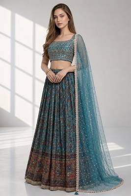 SKY BLUE SEQUINS & EMBROIDERED CHINNON FESTIVAL LEHENGA CHOLI SET 1