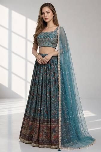 SKY BLUE SEQUINS & EMBROIDERED CHINNON FESTIVAL LEHENGA CHOLI SET