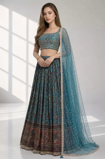 SKY BLUE SEQUINS & EMBROIDERED CHINNON FESTIVAL LEHENGA CHOLI SET