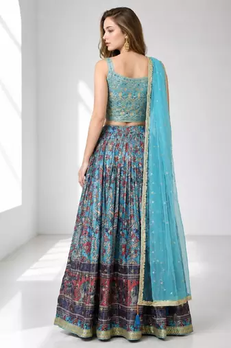 SKY BLUE SEQUINS & EMBROIDERED CHINNON FESTIVAL LEHENGA CHOLI SET