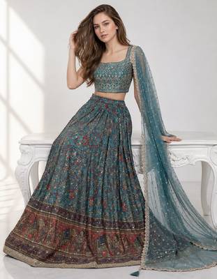SKY BLUE SEQUINS & EMBROIDERED CHINNON FESTIVAL LEHENGA CHOLI SET 4
