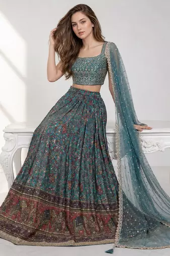 SKY BLUE SEQUINS & EMBROIDERED CHINNON FESTIVAL LEHENGA CHOLI SET