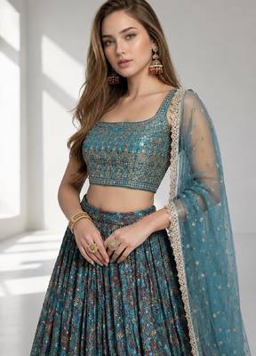SKY BLUE SEQUINS & EMBROIDERED CHINNON FESTIVAL LEHENGA CHOLI SET 5
