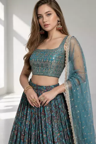 SKY BLUE SEQUINS & EMBROIDERED CHINNON FESTIVAL LEHENGA CHOLI SET